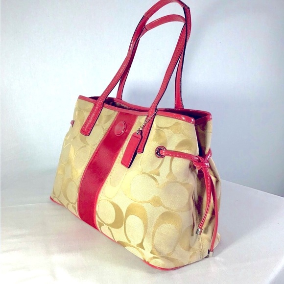 Coach vintage signature striped carry all bag ,canvas scarf pattern leather pink - Picture 4 of 11